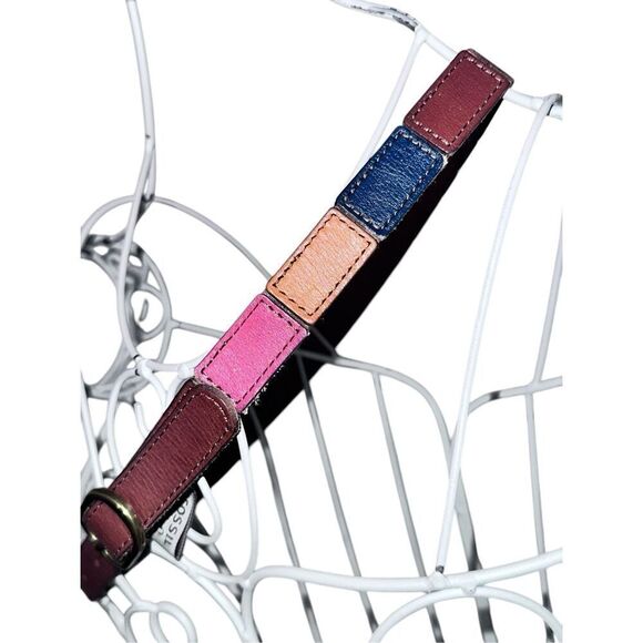 RARE Vintage Y2K Fossil Fossil Leather Patchwork Bohemian Hippie Belt Multi Colo - Picture 3 of 12